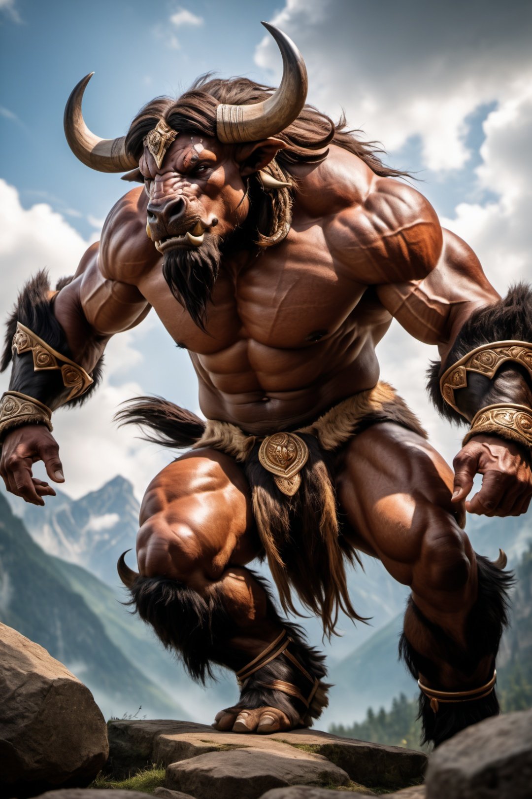 Tauren,The burly and strong Minotaur,Fleshy skin,,Full-length photo,Fighting posture, , Surrealism, from below, Nikon, Surrealism, backlighting, 8k, super detail, high quality, high details, UHD, award winning, textured skin, anatomically correct,