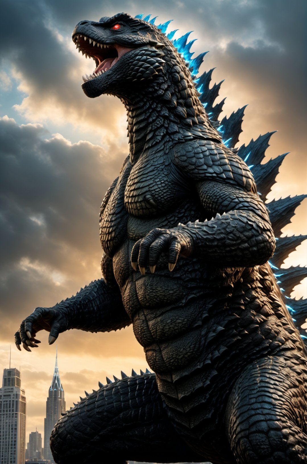 Godzilla,,Full-length photo, combat posture, 1boy, Surrealism, from below, Nikon, Surrealism, backlighting, backlighting, cinematic lighting, 8k, super detail, high quality, high details, UHD, award winning, textured skin, anatomically correct, UHD, retina, masterpiece, ccurate, anatomically correct, textured skin, super detail, award winning, best quality, high quality, high details, highres, 16k