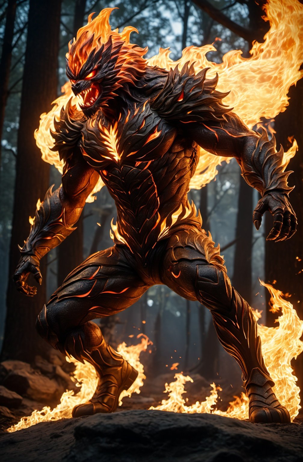 Flame beast,,Full-length photo, combat posture, 1boy, Surrealism, from below, Nikon, Surrealism, backlighting, backlighting, cinematic lighting, 8k, super detail, high quality, high details, UHD, award winning, textured skin, anatomically correct, UHD, retina, masterpiece, ccurate, anatomically correct, textured skin, super detail, award winning, best quality, high quality, high details, highres, 16k