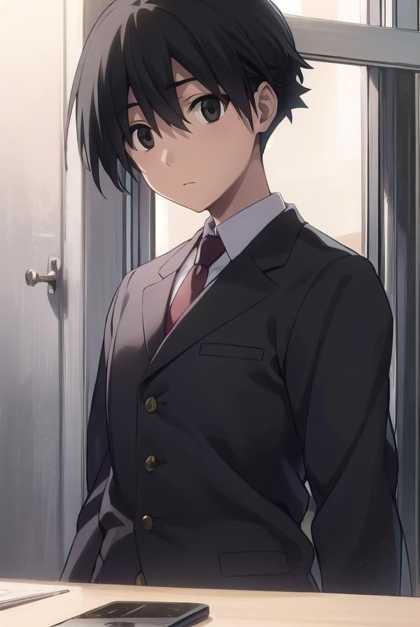 makotoitou, <lora:makoto itou s1-lora-nochekaiser:1>,makoto itou, black hair, (black eyes:1.5), short hair,BREAK school uniform, necktie, formal, suit,BREAK indoors, classroom,BREAK looking at viewer, (cowboy shot:1.5),BREAK <lyco:GoodHands-beta2:1>, (masterpiece:1.2), best quality, high resolution, unity 8k wallpaper, (illustration:0.8), (beautiful detailed eyes:1.6), extremely detailed face, perfect lighting, extremely detailed CG, (perfect hands, perfect anatomy),