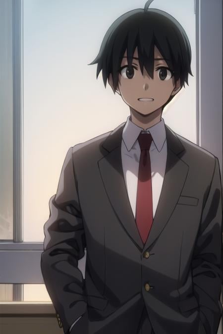 makotoitou, <lora:makoto itou s1-lora-nochekaiser:1>,makoto itou, black hair, (black eyes:1.5), short hair, smile, smirk, grin, teeth,BREAK school uniform, necktie, formal, suit,BREAK indoors, classroom,BREAK looking at viewer, (cowboy shot:1.5),BREAK <lyco:GoodHands-beta2:1>, (masterpiece:1.2), best quality, high resolution, unity 8k wallpaper, (illustration:0.8), (beautiful detailed eyes:1.6), extremely detailed face, perfect lighting, extremely detailed CG, (perfect hands, perfect anatomy),