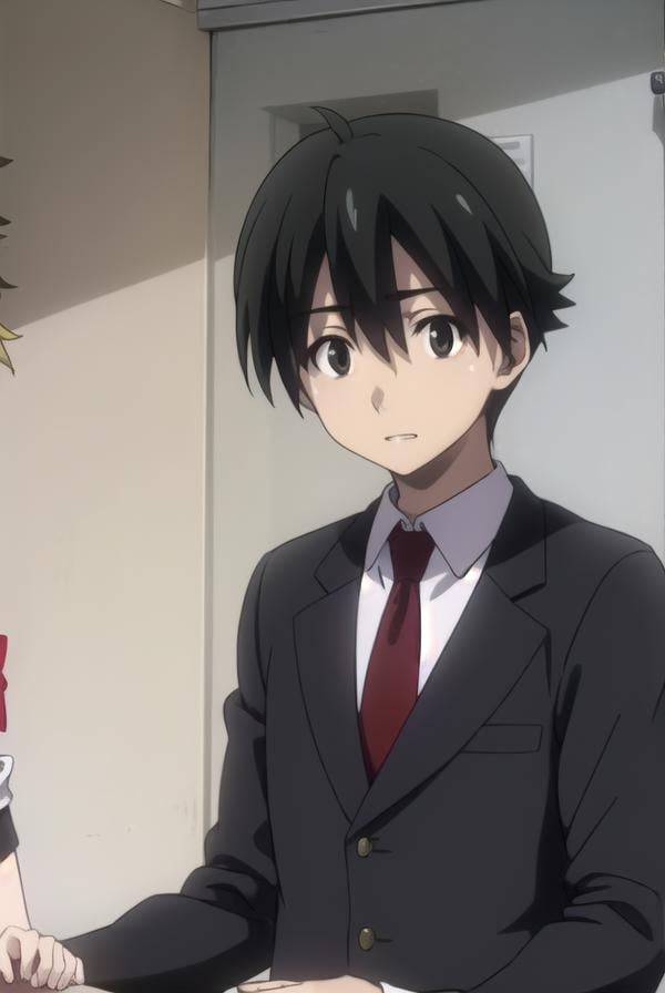 makotoitou, <lora:makoto itou s1-lora-nochekaiser:1>,makoto itou, black hair, (black eyes:1.5), short hair, smile, smirk, grin, teeth,BREAK school uniform, necktie, formal, suit,BREAK indoors, classroom,BREAK looking at viewer, (cowboy shot:1.5),BREAK <lyco:GoodHands-beta2:1>, (masterpiece:1.2), best quality, high resolution, unity 8k wallpaper, (illustration:0.8), (beautiful detailed eyes:1.6), extremely detailed face, perfect lighting, extremely detailed CG, (perfect hands, perfect anatomy),