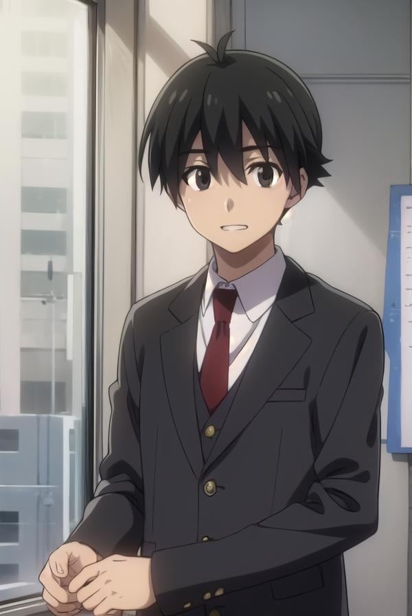 makotoitou, <lora:makoto itou s1-lora-nochekaiser:1>,makoto itou, black hair, (black eyes:1.5), short hair, smile, smirk, grin, teeth,BREAK school uniform, necktie, formal, suit,BREAK indoors, classroom,BREAK looking at viewer, (cowboy shot:1.5),BREAK <lyco:GoodHands-beta2:1>, (masterpiece:1.2), best quality, high resolution, unity 8k wallpaper, (illustration:0.8), (beautiful detailed eyes:1.6), extremely detailed face, perfect lighting, extremely detailed CG, (perfect hands, perfect anatomy),