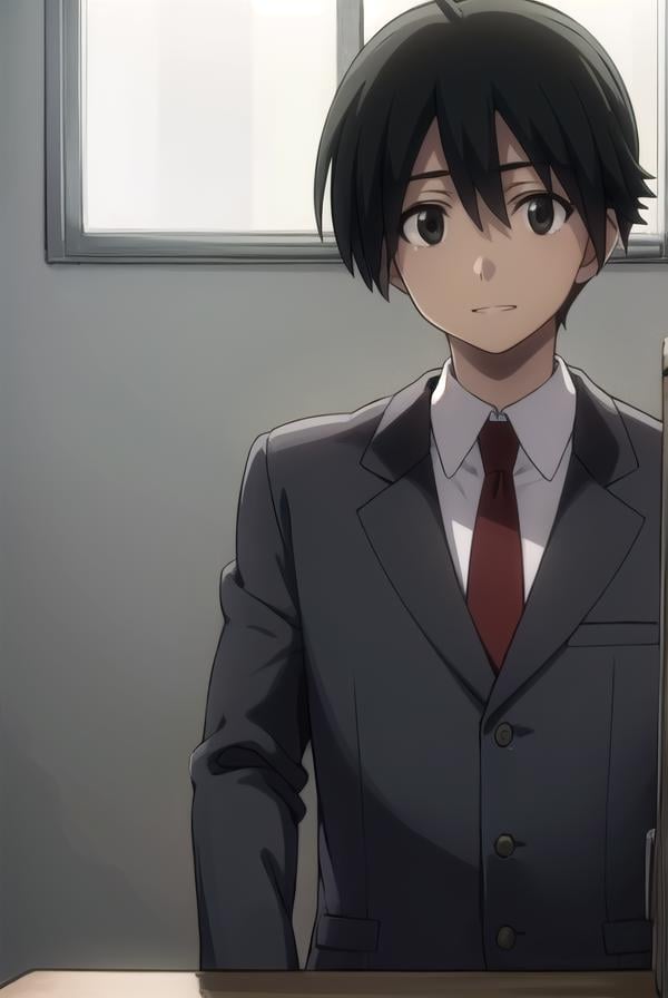 makotoitou, <lora:makoto itou s1-lora-nochekaiser:1>,makoto itou, black hair, (black eyes:1.5), short hair, smile, smirk, grin, teeth,BREAK school uniform, necktie, formal, suit,BREAK indoors, classroom,BREAK looking at viewer, (cowboy shot:1.5),BREAK <lyco:GoodHands-beta2:1>, (masterpiece:1.2), best quality, high resolution, unity 8k wallpaper, (illustration:0.8), (beautiful detailed eyes:1.6), extremely detailed face, perfect lighting, extremely detailed CG, (perfect hands, perfect anatomy),