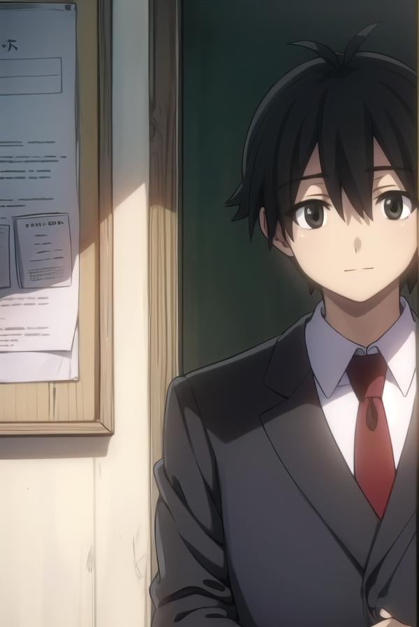 makotoitou, <lora:makoto itou s1-lora-nochekaiser:1>,makoto itou, black hair, (black eyes:1.5), short hair, smile, smirk, grin,BREAK school uniform, necktie, formal, suit,BREAK indoors, classroom,BREAK looking at viewer, (cowboy shot:1.5),BREAK <lyco:GoodHands-beta2:1>, (masterpiece:1.2), best quality, high resolution, unity 8k wallpaper, (illustration:0.8), (beautiful detailed eyes:1.6), extremely detailed face, perfect lighting, extremely detailed CG, (perfect hands, perfect anatomy),