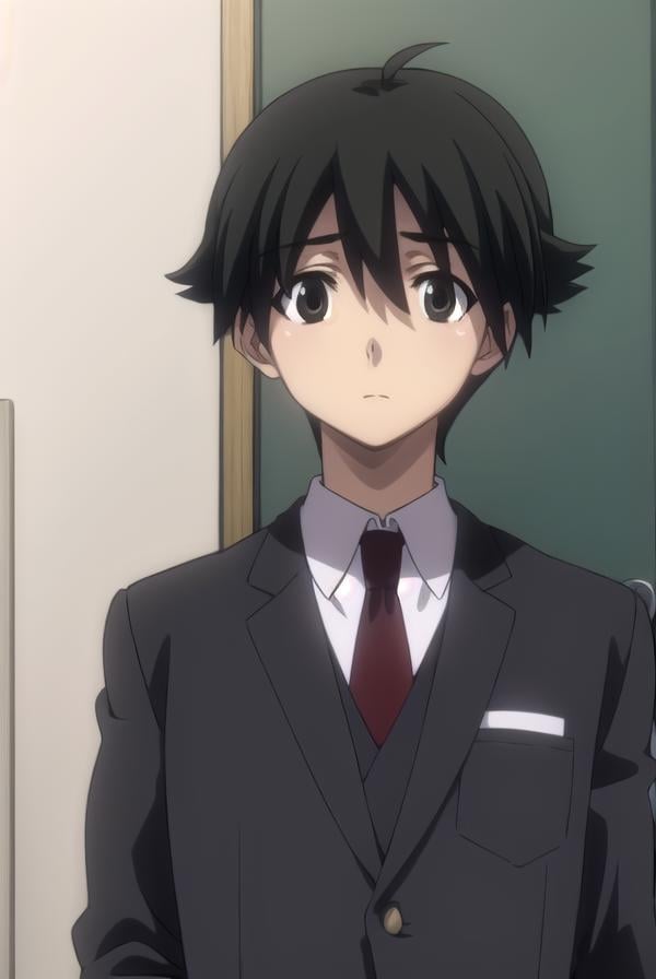 makotoitou, <lora:makoto itou s1-lora-nochekaiser:1>,makoto itou, black hair, (black eyes:1.5), short hair,BREAK school uniform, necktie, formal, suit,BREAK indoors, classroom,BREAK looking at viewer, (cowboy shot:1.5),BREAK <lyco:GoodHands-beta2:1>, (masterpiece:1.2), best quality, high resolution, unity 8k wallpaper, (illustration:0.8), (beautiful detailed eyes:1.6), extremely detailed face, perfect lighting, extremely detailed CG, (perfect hands, perfect anatomy),