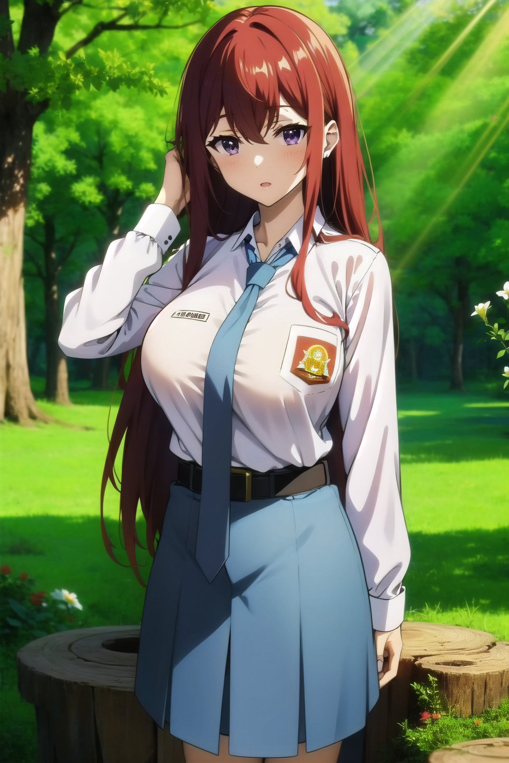 (masterpiece,  Visual_Anime,  more detail:1.1,  best quality:1.3),  (Outdoor:1.3),  highres,  detailed background,  Makise_Kurisu,  1girl,  solo,  long hair,  looking at viewer,  blush,  bangs,  purple eyes,  Karakter Anime Pake Baju SMA,  blue skirt,  (((blue necktie))),  hair between eyes,  open mouth,  white shirt,  upper body,  standing,  kneehighs,  red hair,  parted lips,  Lambang Osis SMA,  black belt,  hand up,  grass, plant, white flower, red flower, nature, scenery, forest, blue flower, light rays, yellow flower, path, tree stump,  blurry,  blurry background,  sunlight,  mature,  large breasts,  looking at viewer,  open mouth
BREAK 
(long white sleeve:1.2),  upper body,  shiny hair,  anime color,  Anime,,VisualAnime,komako