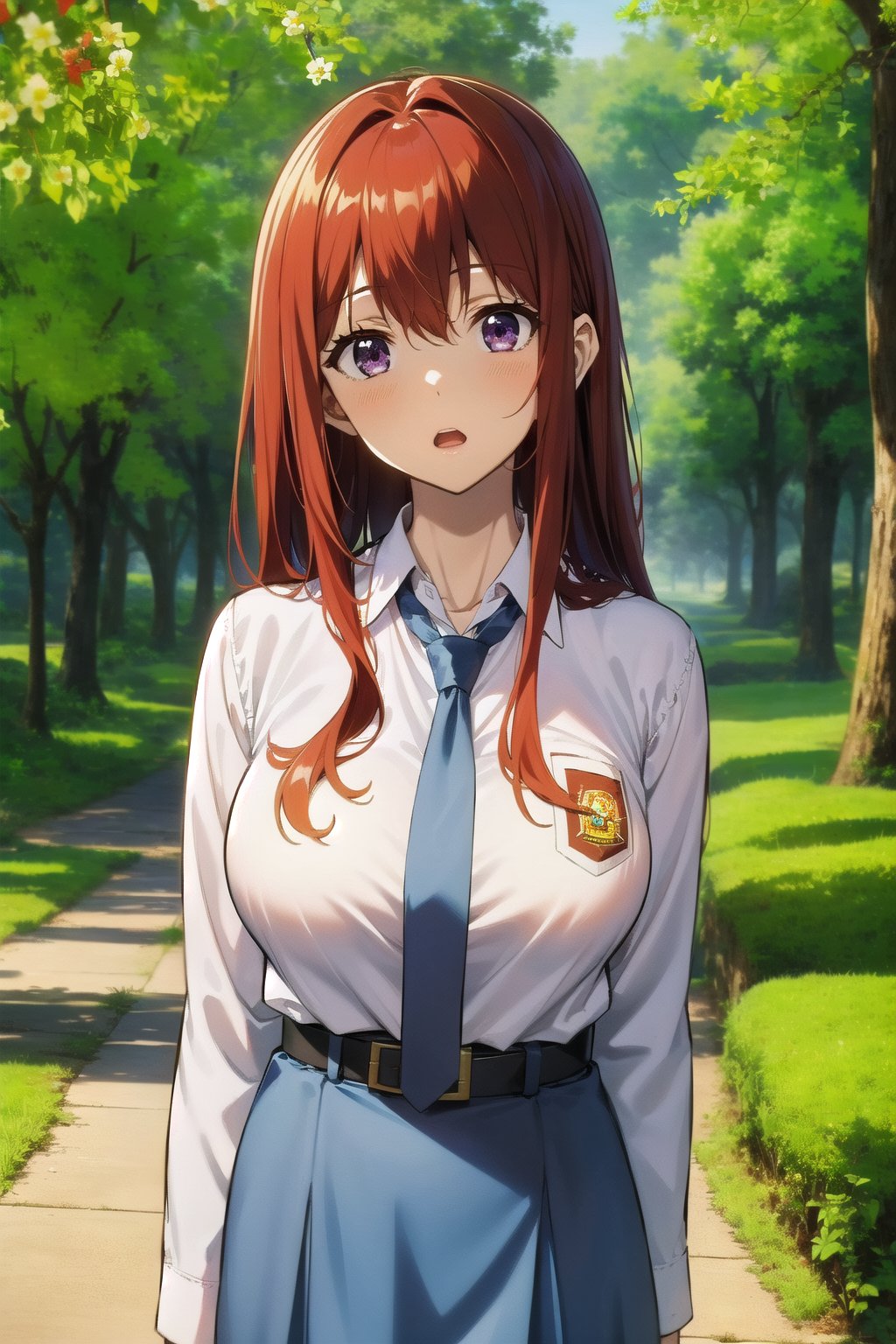 (masterpiece,  Visual_Anime,  more detail:1.1,  best quality:1.3),  (Outdoor:1.3),  highres,  detailed background,  Makise_Kurisu,  1girl,  solo,  long hair,  looking at viewer,  blush,  bangs,  purple eyes,  Karakter Anime Pake Baju SMA,  blue skirt,  (((blue necktie))),  hair between eyes,  open mouth,  white shirt,  upper body,  standing,  kneehighs,  red hair,  parted lips,  Lambang Osis SMA,  black belt,  hand up,  grass, plant, white flower, red flower, nature, scenery, forest, blue flower, light rays, yellow flower, path, tree stump,  blurry,  blurry background,  sunlight,  mature,  large breasts,  looking at viewer,  open mouth
BREAK 
(long white sleeve:1.2),  upper body,  shiny hair,  anime color,  Anime,,VisualAnime,komako