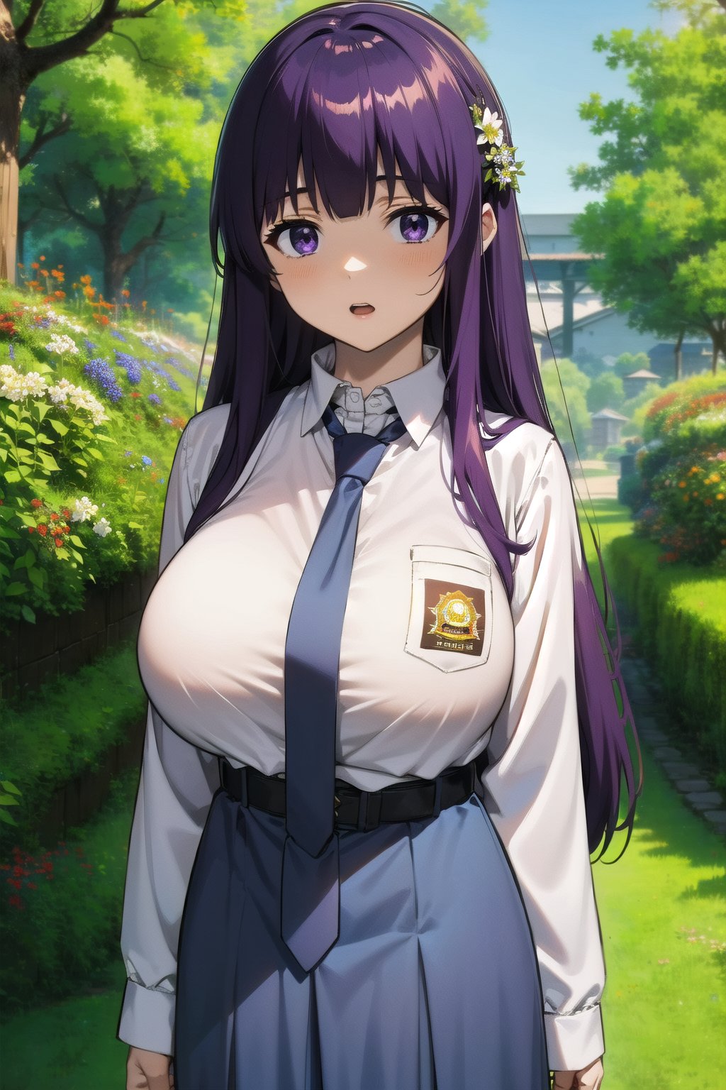 (masterpiece,  Visual_Anime,  more detail:1.1,  best quality:1.3),  (Outdoor:1.3),  highres,  detailed background,  FernFrieren,  1girl,  solo,  long hair,  looking at viewer,  blush,  bangs,  purple eyes,  Karakter Anime Pake Baju SMA,  blue skirt,  (((blue necktie))),  hair between eyes,  open mouth,  white shirt,  upper body,  standing,  kneehighs,  purple hair,  parted lips,  Lambang Osis SMA,  black belt,  hand up,  grass, plant, white flower, red flower, nature, scenery, forest, blue flower, light rays, yellow flower, path, tree stump,  blurry,  blurry background,  sunlight,  mature,  large breasts,  looking at viewer,  open mouth
BREAK 
(long white sleeve:1.2),  upper body,  shiny hair,  anime color,  Anime,,VisualAnime,