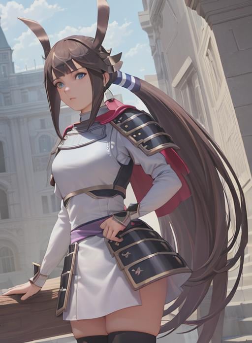 best quality, (masterpiece),(ultra-detailed), (high quality), (high resolution), <lora:heroine:0.7>,heroine, 1girl, solo, long hair,  bangs, blue eyes, skirt, brown hair, thighhighs,  very long hair,  ponytail, sidelocks, boots,armor, 