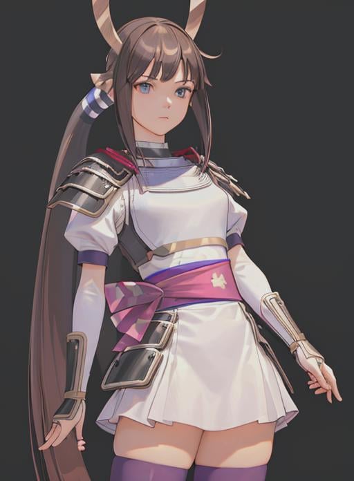 best quality, (masterpiece),(ultra-detailed), (high quality), (high resolution), <lora:heroine:0.7>,heroine, 1girl, solo, long hair,  bangs, blue eyes, skirt, simple background, brown hair, thighhighs, white background, very long hair,  ponytail, sidelocks, boots, armor, zettai ryouiki, sash,  knee boots, purple thighhighs