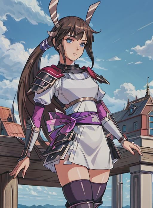 best quality, (masterpiece),(ultra-detailed), (high quality), (high resolution), <lora:heroine-10:0.7>,heroine, 1girl, solo, long hair, bangs, blue eyes, skirt, brown hair, thighhighs,very long hair, ponytail, sidelocks, boots, armor, zettai ryouiki, sash, knee boots, purple thighhighs,blue eyes,<lora:add_detail:0.5>,outdoors, 