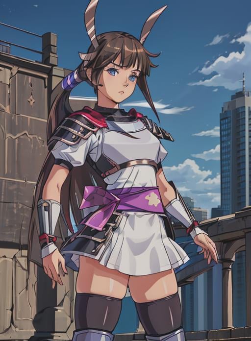 best quality, (masterpiece),(ultra-detailed), (high quality), (high resolution), <lora:heroine-10:0.7>,heroine, 1girl, solo, long hair, bangs, blue eyes, skirt, brown hair, thighhighs,very long hair, ponytail, sidelocks, boots, armor, zettai ryouiki, sash, knee boots, purple thighhighs,blue eyes,<lora:add_detail:0.5>,outdoors, 