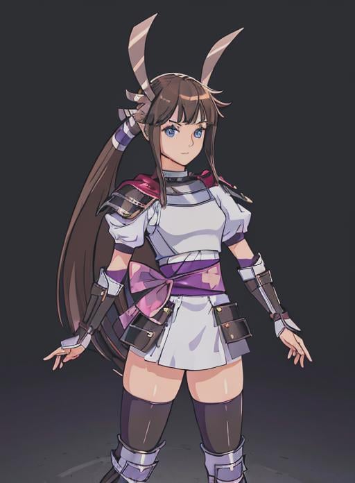 best quality, (masterpiece),(ultra-detailed), (high quality), (high resolution), <lora:heroine-10:0.7>,heroine, 1girl, solo, long hair, bangs, blue eyes, skirt, brown hair, thighhighs,very long hair, ponytail, sidelocks, boots, armor, zettai ryouiki, sash, knee boots, purple thighhighs,blue eyes,