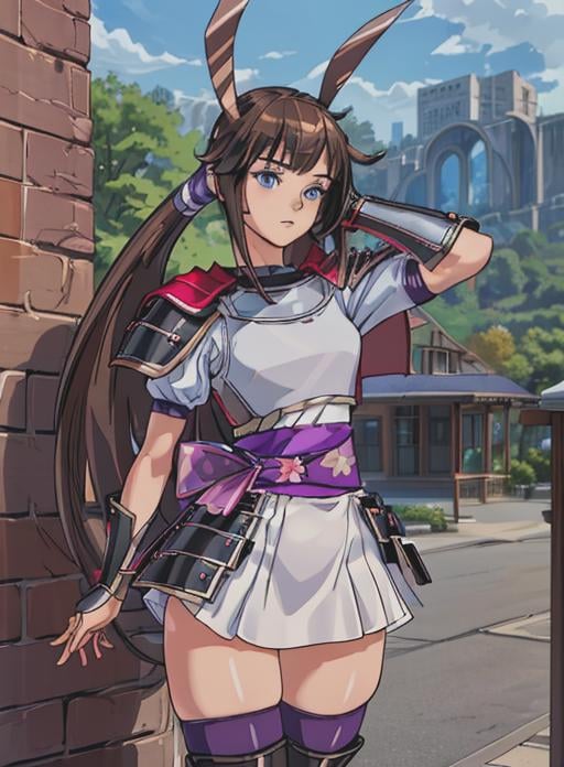 best quality, (masterpiece),(ultra-detailed), (high quality), (high resolution), <lora:heroine-10:0.7>,heroine, 1girl, solo, long hair, bangs, blue eyes, skirt, brown hair, thighhighs,very long hair, ponytail, sidelocks, boots, armor, zettai ryouiki, sash, knee boots, purple thighhighs,blue eyes,<lora:add_detail:0.5>,outdoors, 