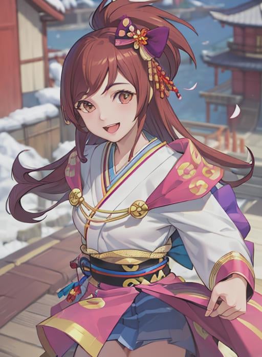 best quality, (masterpiece),(ultra-detailed), (high quality), (high resolution), <lora:oichi:0.7>,oichi, 1girl, solo, long hair, smile, open mouth, brown hair, hair ornament, bow, brown eyes, japanese clothes, kimono, petals,