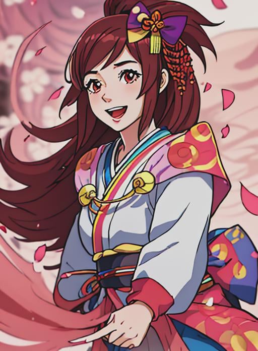 best quality, (masterpiece),(ultra-detailed), (high quality), (high resolution), <lora:oichi:0.7>,oichi, 1girl, solo, long hair, smile, open mouth, brown hair, hair ornament, bow, brown eyes, japanese clothes, kimono, petals,