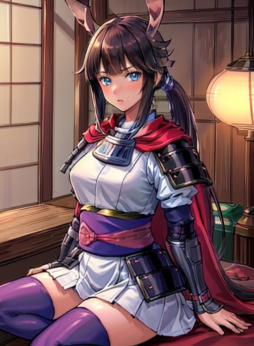 best quality, (masterpiece),(ultra-detailed), (high quality), (high resolution), <lora:heroine:0.7>,heroine, blue eyes, brown hair, long hair, ponytail, bangs, thighhighs, japanese clothes, japanese armor,cape, multicolored hair, looking at viewer, sitting,  <lora:add_detail:0.5>