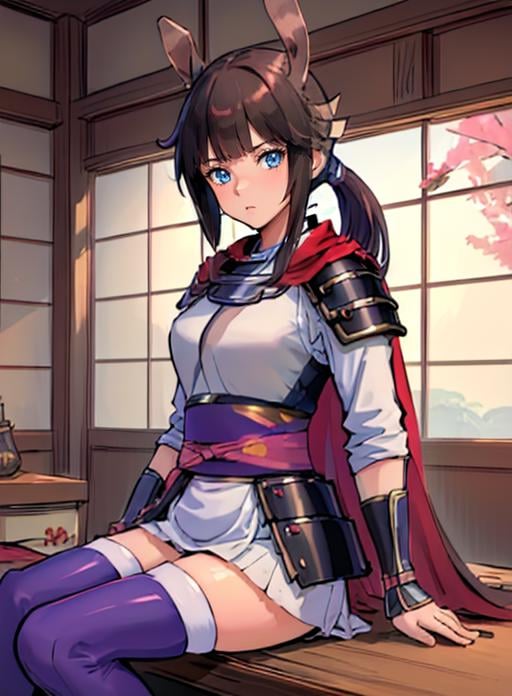 best quality, (masterpiece),(ultra-detailed), (high quality), (high resolution), <lora:heroine:0.7>,heroine, blue eyes, brown hair, long hair, ponytail, bangs, thighhighs, japanese clothes, japanese armor,cape, multicolored hair, looking at viewer, sitting, 