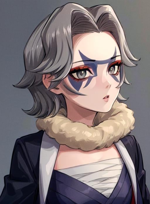 best quality, (masterpiece),(ultra-detailed), (high quality), (high resolution),<lora:add_detail:0.5> ,  <lora:charm:0.7>,charm, short hair, facepaint, makeup, upper body, grey eyes, jacket, facial mark, grey hair