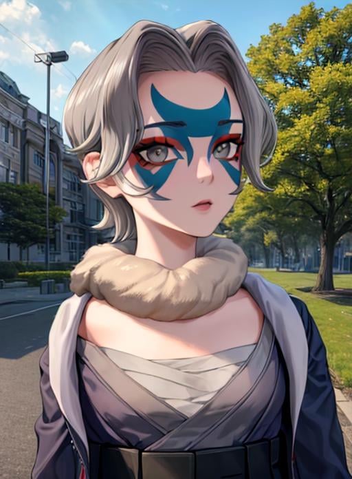 best quality, (masterpiece),(ultra-detailed), (high quality), (high resolution),<lora:add_detail:0.5> ,  <lora:charm:0.7>,charm, short hair, facepaint, makeup,  grey eyes, jacket, facial mark, grey hair,outdoors, tree, 