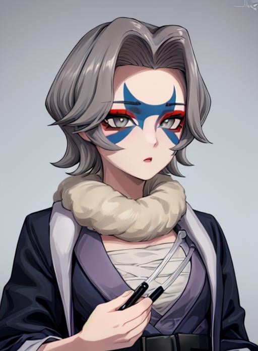 best quality, (masterpiece),(ultra-detailed), (high quality), (high resolution),<lora:add_detail:0.5> ,  <lora:charm:0.7>,charm, short hair, facepaint, makeup, upper body, grey eyes, jacket, facial mark, grey hair