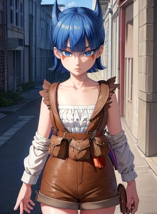 best quality, (masterpiece),(ultra-detailed), (high quality), (high resolution),<lora:add_detail:0.5> ,   <lora:coin-10:0.7>,coin, 1girl, solo, short hair, bangs, blue eyes, skirt, hair between eyes, blue hair, facial mark, collarbone, cowboy shot, belt, blunt bangs,  torn clothes,   pouch, sarashi, facepaint, jumpsuit, brown bag