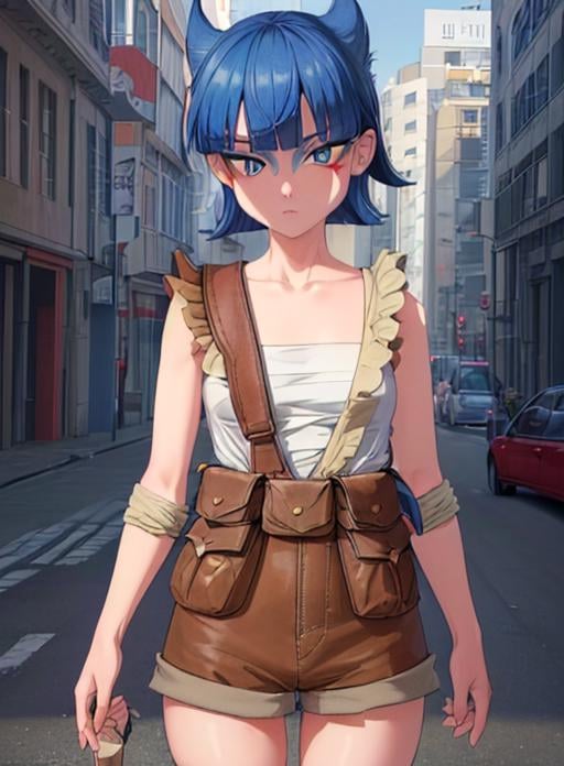 best quality, (masterpiece),(ultra-detailed), (high quality), (high resolution),<lora:add_detail:0.5> ,   <lora:coin-10:0.7>,coin, 1girl, solo, short hair, bangs, blue eyes, skirt, hair between eyes, blue hair, facial mark, collarbone, cowboy shot, belt, blunt bangs,  torn clothes,   pouch, sarashi, facepaint, jumpsuit, brown bag