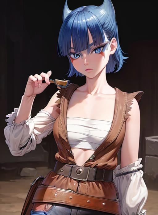 best quality, (masterpiece),(ultra-detailed), (high quality), (high resolution),<lora:add_detail:0.5> ,   <lora:coin-10:0.7>,coin, bangs, blue eyes, blue hair,short hair, makeup, facepaint,, collarbone, cowboy shot, belt, blunt bangs, torn clothes, 