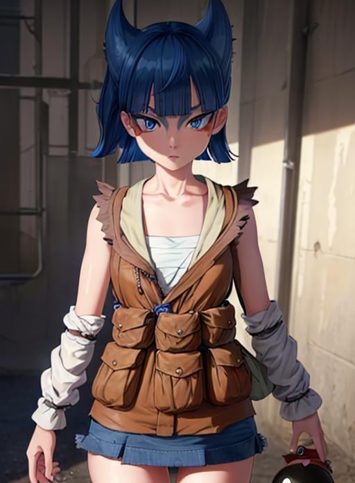 best quality, (masterpiece),(ultra-detailed), (high quality), (high resolution),<lora:add_detail:0.5> ,   <lora:coin-10:0.7>,coin, 1girl, solo, short hair, bangs, blue eyes, skirt, hair between eyes, blue hair, collarbone, cowboy shot, belt, blunt bangs,  torn clothes, transparent background, facial mark, poke ball, pouch, sarashi, facepaint, jumpsuit, brown bag