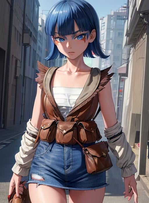 best quality, (masterpiece),(ultra-detailed), (high quality), (high resolution),<lora:add_detail:0.5> ,   <lora:coin-10:0.7>,coin, 1girl, solo, short hair, bangs, blue eyes, skirt, hair between eyes, blue hair, facial mark, collarbone, cowboy shot, belt, blunt bangs,  torn clothes,   pouch, sarashi, facepaint, jumpsuit, brown bag