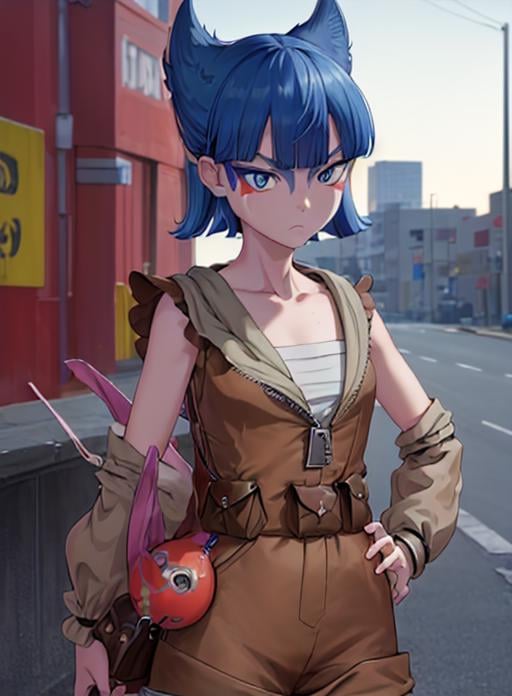 best quality, (masterpiece),(ultra-detailed), (high quality), (high resolution),<lora:add_detail:0.5> ,   <lora:coin-10:0.7>,coin, 1girl, solo, short hair, bangs, blue eyes, skirt, hair between eyes, closed mouth, blue hair, collarbone, cowboy shot, belt, blunt bangs, hand on hip, torn clothes, frown, transparent background, facial mark, poke ball, pouch, sarashi, facepaint, jumpsuit, brown bag