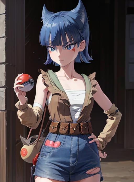 best quality, (masterpiece),(ultra-detailed), (high quality), (high resolution),<lora:add_detail:0.5> ,   <lora:coin-10:0.7>,coin, 1girl, solo, short hair, bangs, blue eyes, skirt, hair between eyes, closed mouth, blue hair, collarbone, cowboy shot, belt, blunt bangs, hand on hip, torn clothes, frown, transparent background, facial mark, poke ball, pouch, sarashi, facepaint, jumpsuit, brown bag