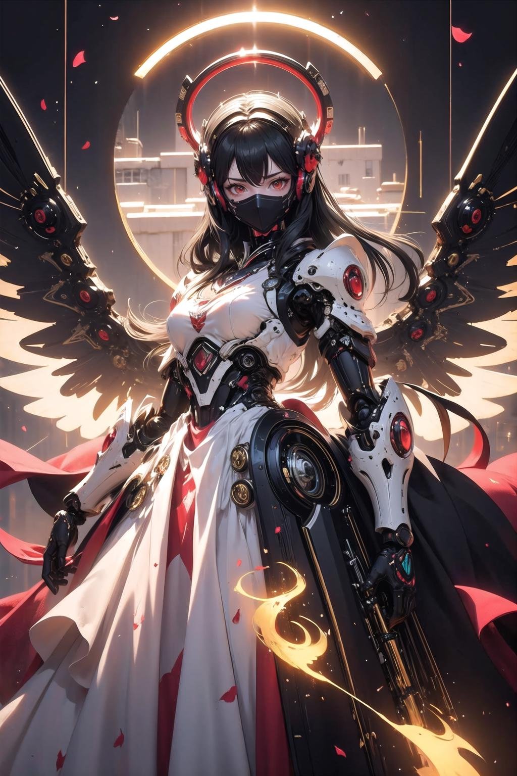 <lora:wrenchsmechs:1>, wrenchsmechs, 1girl, glowing, red mecha, halo, mechanical wings, long hair, mechanical halo, black hair, [<lora:wrenchrococodome:0.85>, wrenchrococodome, green dress, hat, hat flower::0.2], 