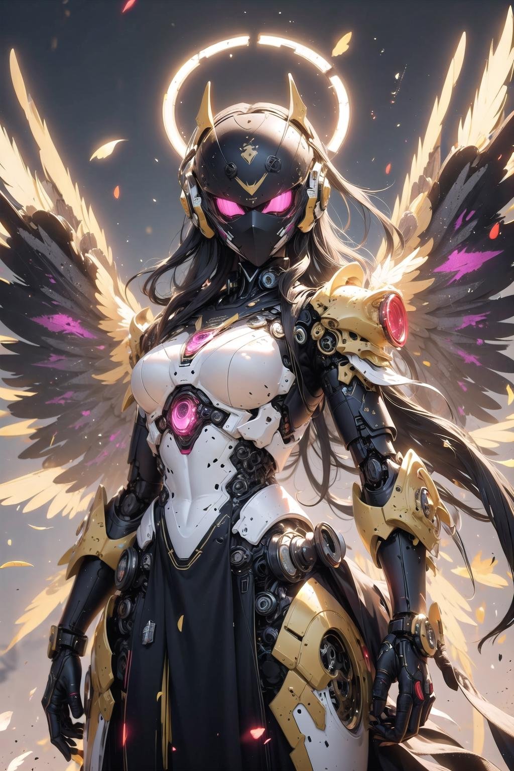 <lora:wrenchsmechs:1>, wrenchsmechs, 1girl, glowing, black mecha, wings, halo, long hair, mechanical wings, [dress::0.2]