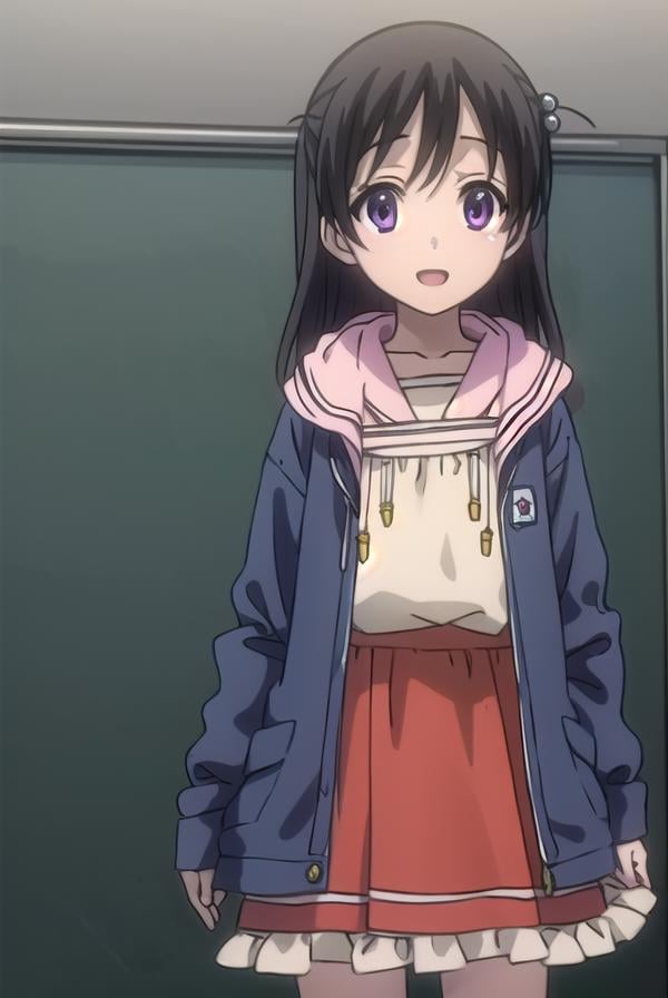 kokorokatsura, <lora:kokoro katsura s1-lora-nochekaiser:1>,kokoro katsura, long hair, black hair, hair ornament, (purple eyes:1.1), two side up, hair bobbles, smile, open mouth,BREAK long sleeves, dress, jacket, socks, hood, kneehighs, red dress, white socks, slippers,BREAK indoors, classroom,BREAK looking at viewer, (cowboy shot:1.5),BREAK <lyco:GoodHands-beta2:1>, (masterpiece:1.2), best quality, high resolution, unity 8k wallpaper, (illustration:0.8), (beautiful detailed eyes:1.6), extremely detailed face, perfect lighting, extremely detailed CG, (perfect hands, perfect anatomy),