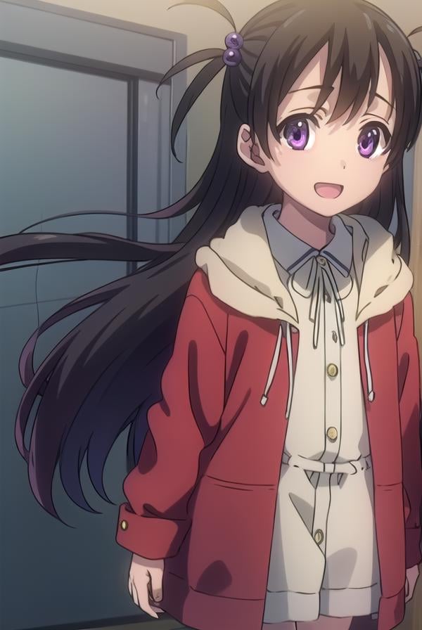 kokorokatsura, <lora:kokoro katsura s1-lora-nochekaiser:1>,kokoro katsura, long hair, black hair, hair ornament, (purple eyes:1.1), two side up, hair bobbles, smile, open mouth,BREAK long sleeves, dress, jacket, socks, hood, kneehighs, red dress, white socks, slippers,BREAK indoors, classroom,BREAK looking at viewer, (cowboy shot:1.5),BREAK <lyco:GoodHands-beta2:1>, (masterpiece:1.2), best quality, high resolution, unity 8k wallpaper, (illustration:0.8), (beautiful detailed eyes:1.6), extremely detailed face, perfect lighting, extremely detailed CG, (perfect hands, perfect anatomy),