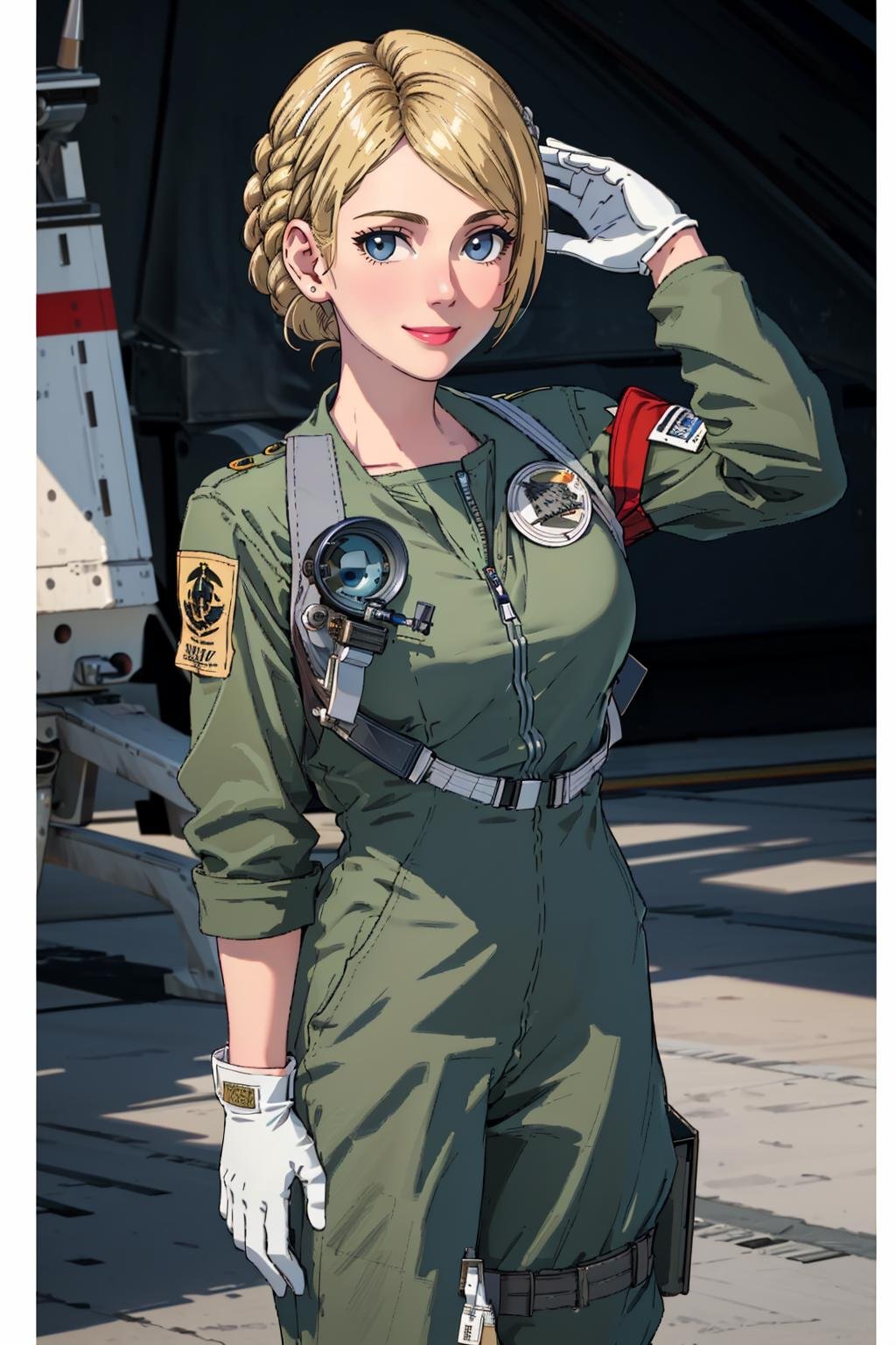 ((Masterpiece, best quality,edgQuality)),solo,1girl,smiling,excited,edgCosette,braid, looking at viewer, blush, smile, blonde hair, full body, edgAce,pilot suit,gloves,wearing edgAce<lora:edgAcePilot:1> <lora:edgRosaCosettedElise:1>