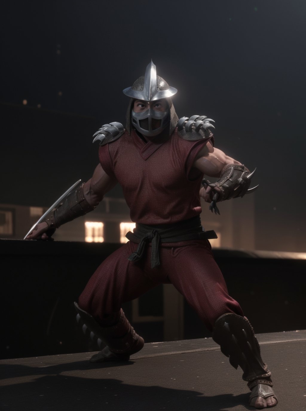 (cinematic:1.3), ((action pose, jumping towards viewer, fight action)), ((on a city rooftop at night, bokeh, realistic lighting, ray tracing, bloom:1.4)), ((masterpiece, best quality, highres, absurdres)), a high resolution RAW photo of ((a TMNTShredder 1man armored samurai knight with claw gauntlets)), <lora:90sTMNT_Shredder:0.8>, ((wearing a red-purple outfit with pauldrons and metal samurai helmet with mask)), ((muscular, fitness physique)), atmospheric, ((photorealism, photorealistic:1.4)), 8k, highly detailed, intricate detail