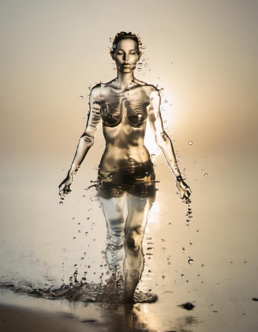 <lora:Aether_Aqua_v1_SDXL_LoRA:1> a photo of a woman made of water walking on a beach at sunrise, water drops