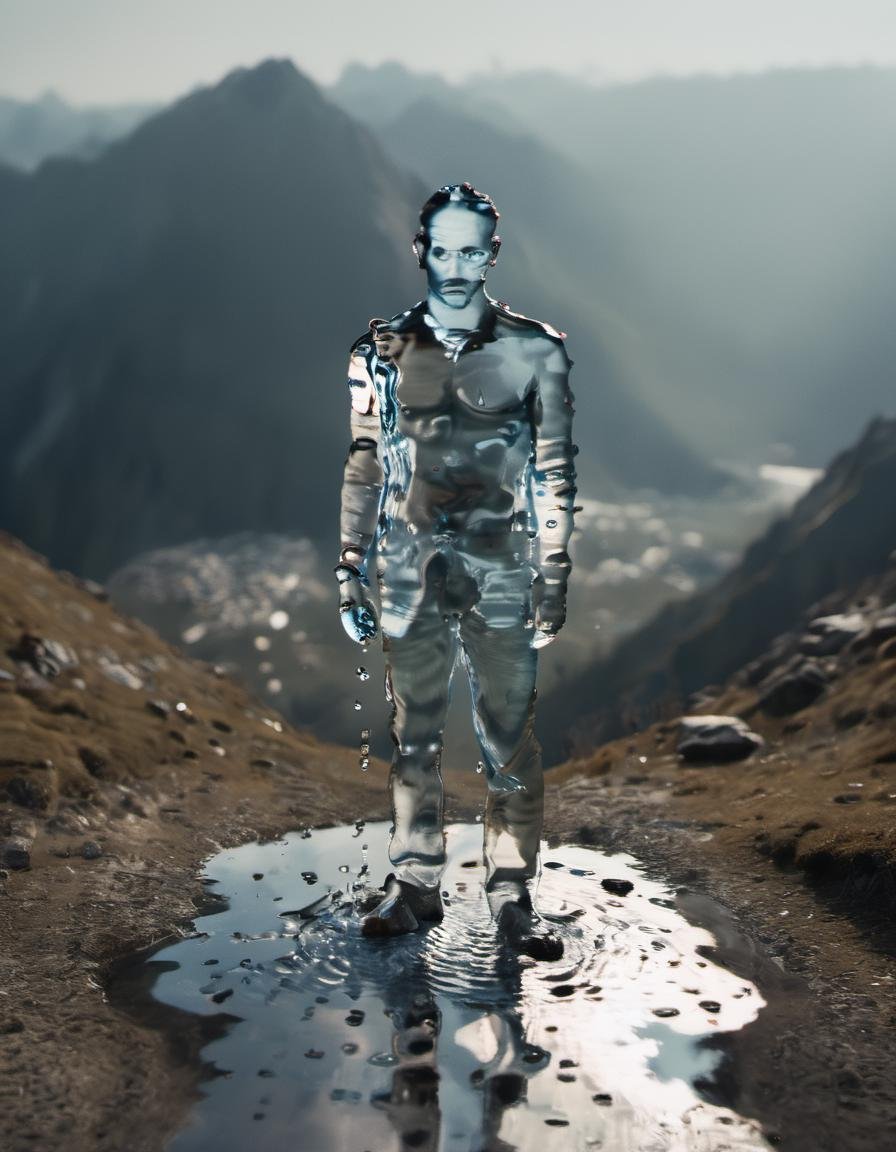 <lora:aether_aqua_test5_231124_SDXL_LoRA_1e-6_128_dim_60-70_epochs_highly_curated_dataset_epoch_60:1> a photo of a man made of water standing in a puddle on a mountain, cinematic, intricate