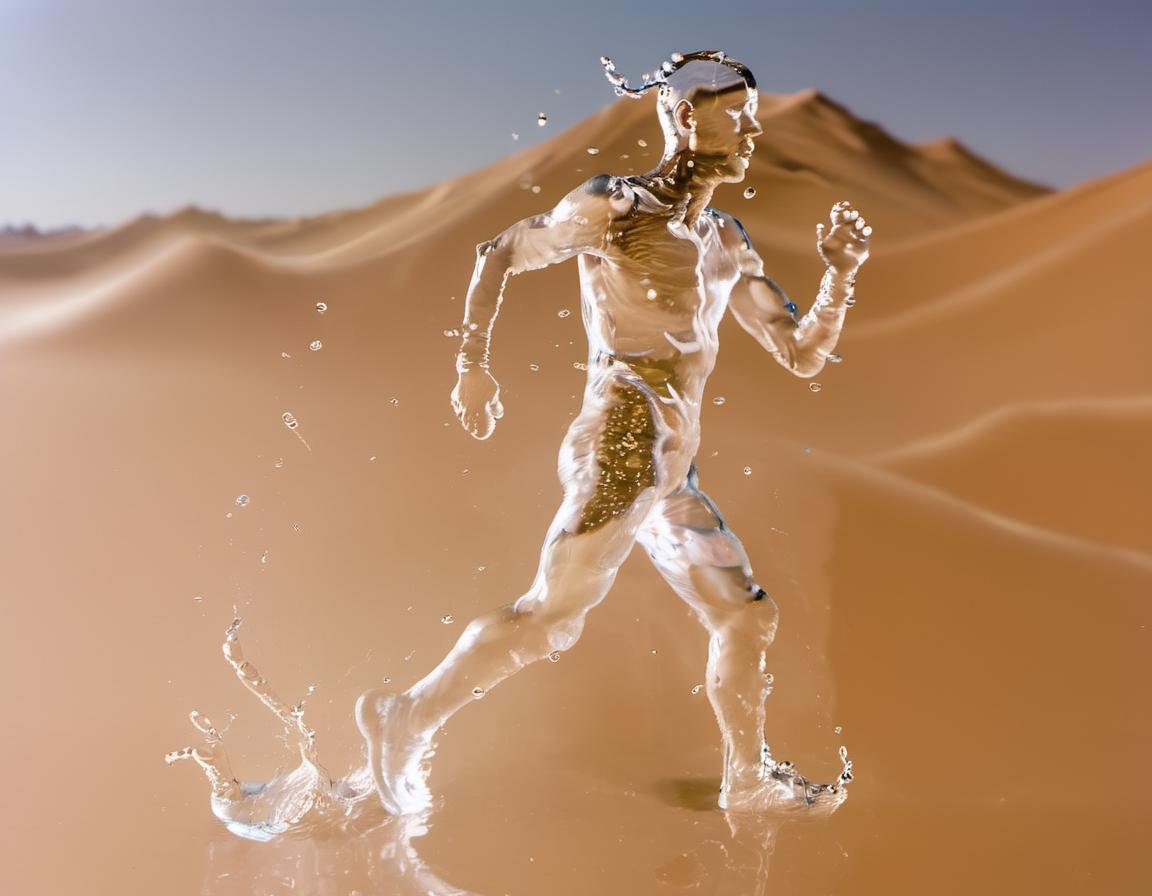 <lora:Aether_Aqua_v1_SDXL_LoRA:1> a full-body profile photo of a man made of transparent water running in the desert, sweating water drops