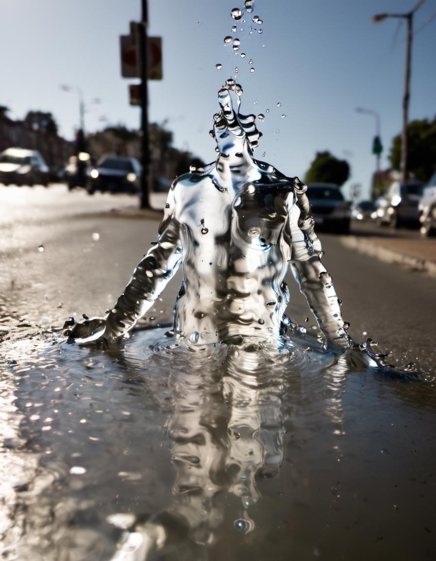 <lora:Aether_Aqua_v1_SDXL_LoRA:1> an extreme close-up photo of a man made of water, coming up of a puddle on a street