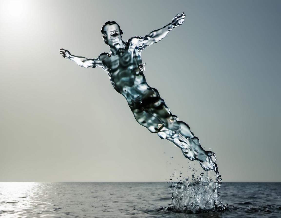 <lora:Aether_Aqua_v1_SDXL_LoRA:1> a photo of a man made of water, diving into the ocean