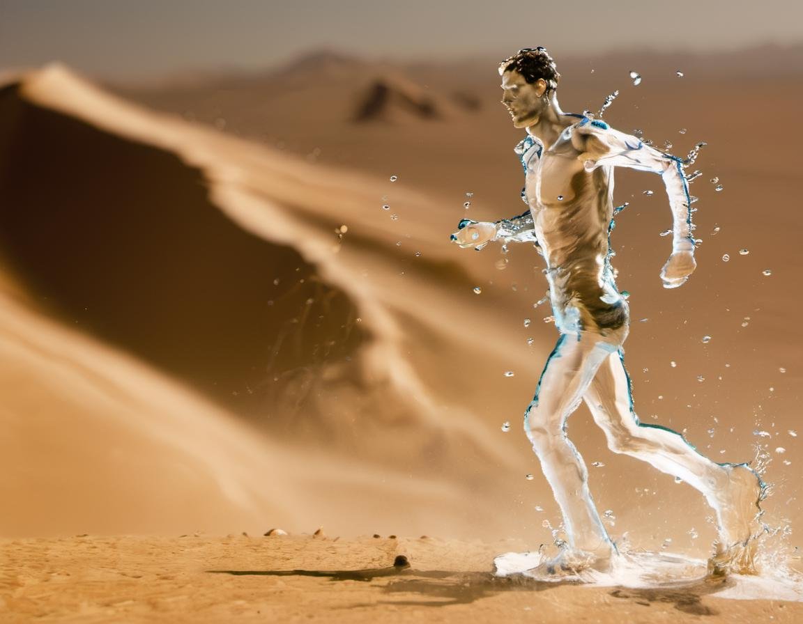 <lora:Aether_Aqua_v1_SDXL_LoRA:1> a full-body profile photo of a man made of water running in the desert, sweating water drops