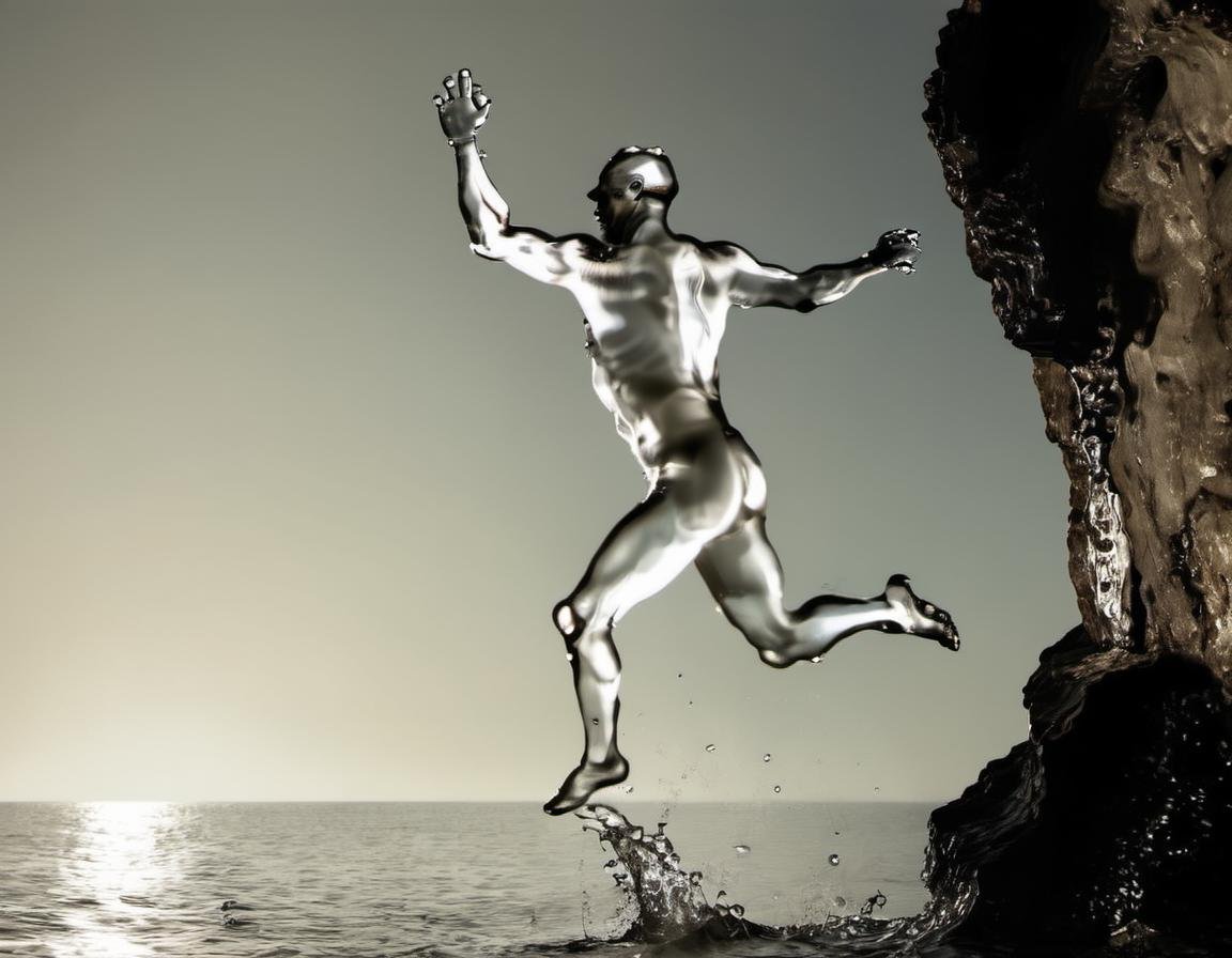 <lora:Aether_Aqua_v1_SDXL_LoRA:1> a photo of a nude man made of water, jumping from a cliff into the ocean