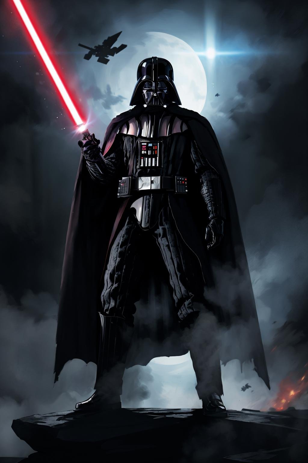 masterpiece, best quality, 1boy, death vader, full body, holding lightsaber, weapon, energy sword, gloves, cape, fighting, a111, <lora:a_20231113155123:0.7>