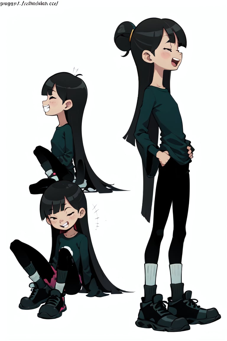 1girl, long hair, smile, open mouth, bangs, simple background, shirt, black hair, long sleeves, white background, sitting, very long hair, closed eyes, shoes, teeth, socks, blunt bangs, black eyes, sleeves past wrists, profile, multiple views, sleeves past fingers
