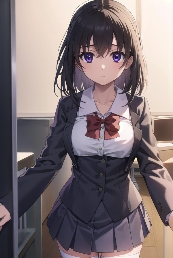 sekaisaionji, <lora:sekai saionji s1-lora-nochekaiser:1>,sekai saionji, black hair, (purple eyes:1.1), ahoge, medium hair,BREAK skirt, thighhighs, school uniform, shoes, black thighhighs, zettai ryouiki, bow, red bow,BREAK indoors, classroom,BREAK looking at viewer, (cowboy shot:1.5),BREAK <lyco:GoodHands-beta2:1>, (masterpiece:1.2), best quality, high resolution, unity 8k wallpaper, (illustration:0.8), (beautiful detailed eyes:1.6), extremely detailed face, perfect lighting, extremely detailed CG, (perfect hands, perfect anatomy),