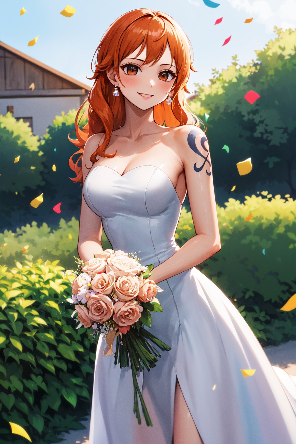 masterpiece, best quality, highres, nami (one piece), long hair, orange hair, brown eyes, earrings, bare shoulders, shoulder tattoo, <lora:nami_(one_piece)_v1:0.8>, wedding dress, white dress, garden, smile, strapless, holding bouquet, confetti, 